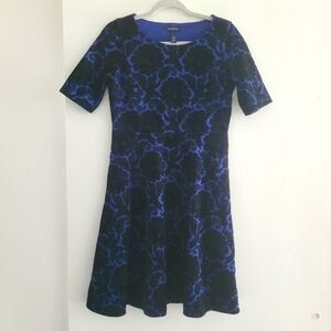 Lands' End black blue velvet flowers fit flare dress size S/P